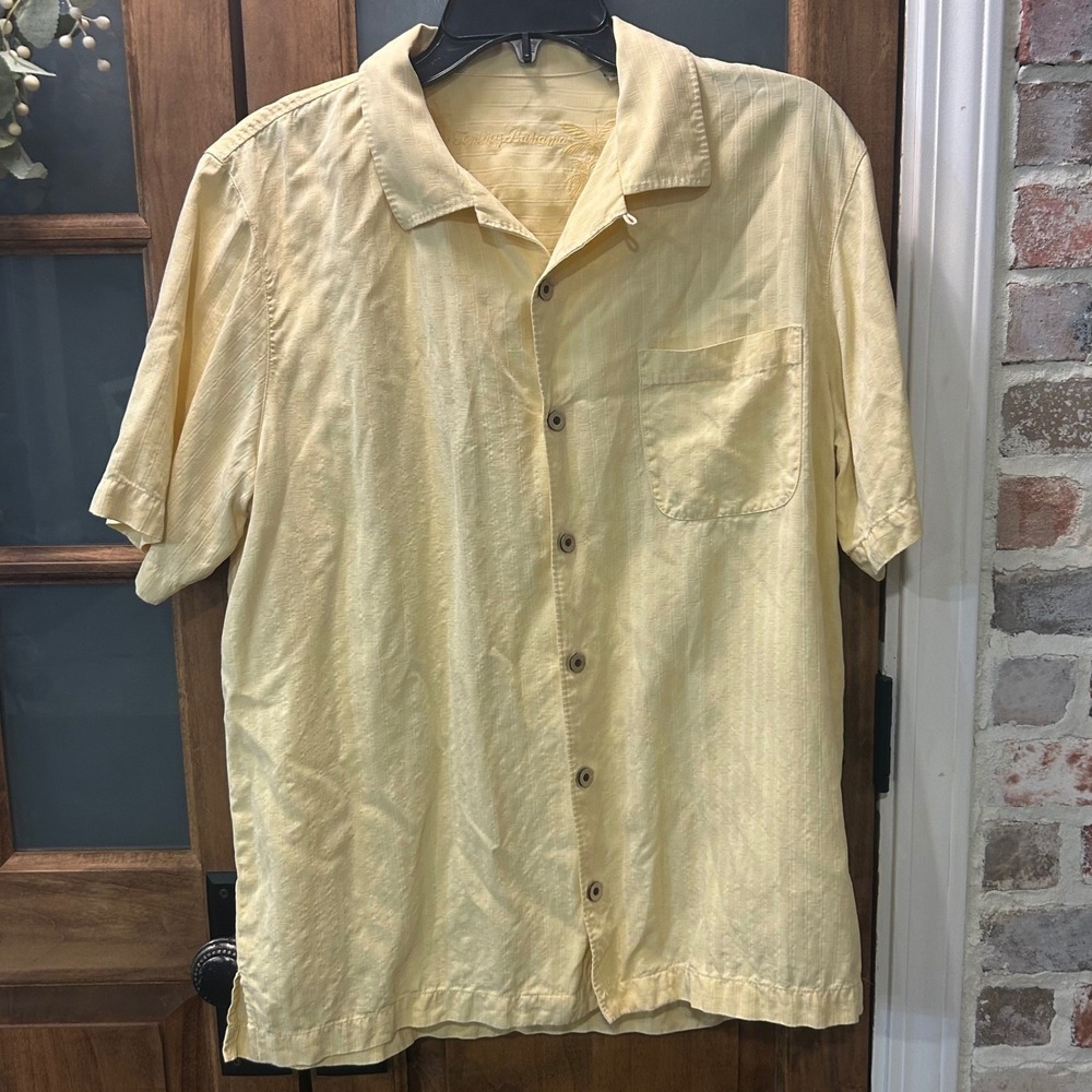Tommy Bahama‎ Mens Silk Camp Shirt Short Sleeve Yellow Palm Tree Embroidered